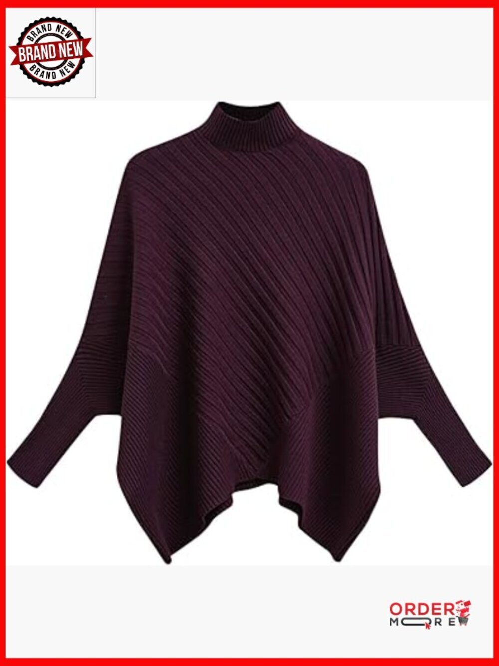 Oversized Mock Neck Pullover Sweater Batwing Sleeve Knit Poncho Top